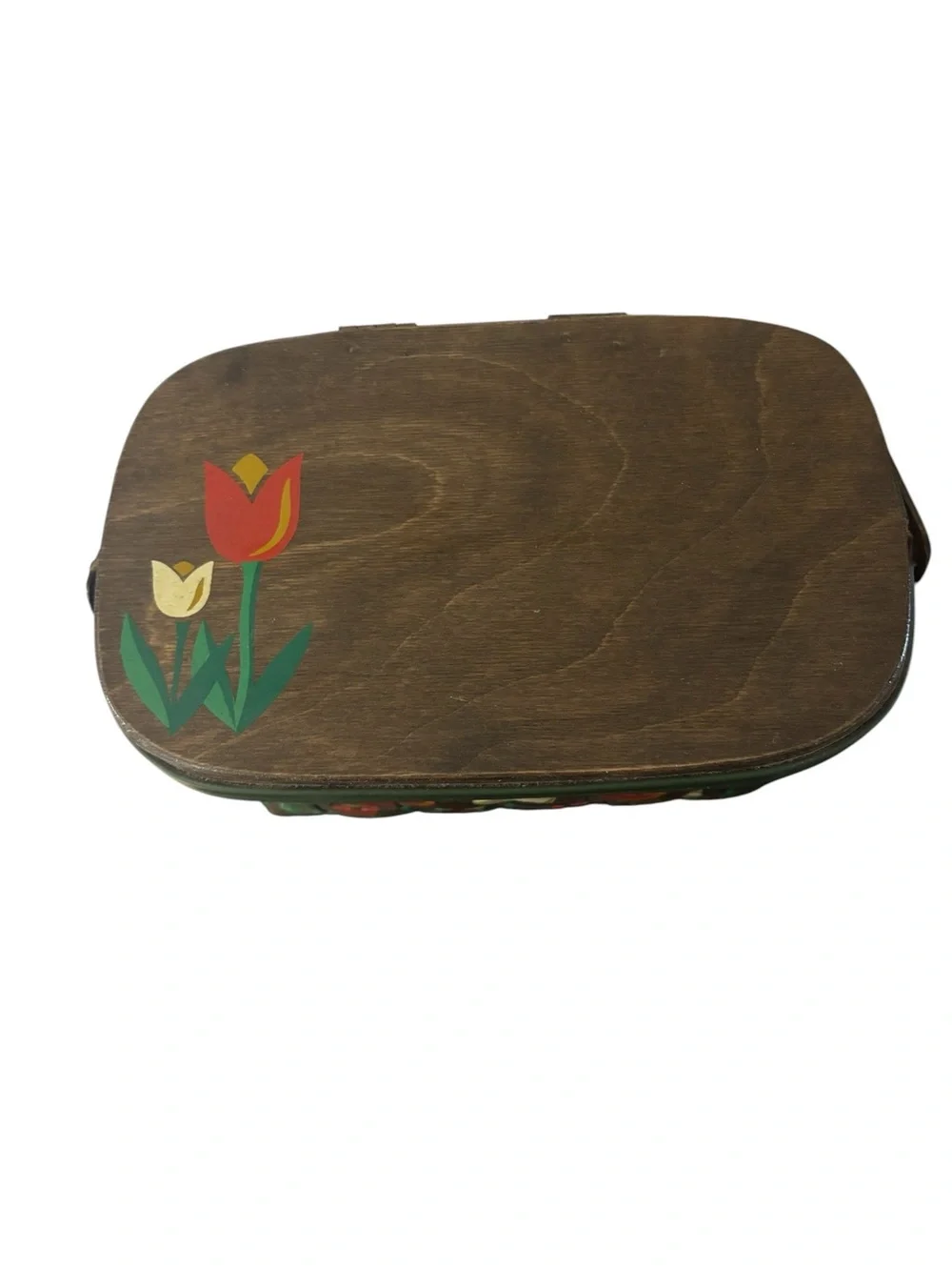 Caro Nan Wooden Picnic Basket Purse VTG Lined Hand Painted Signed Tulips